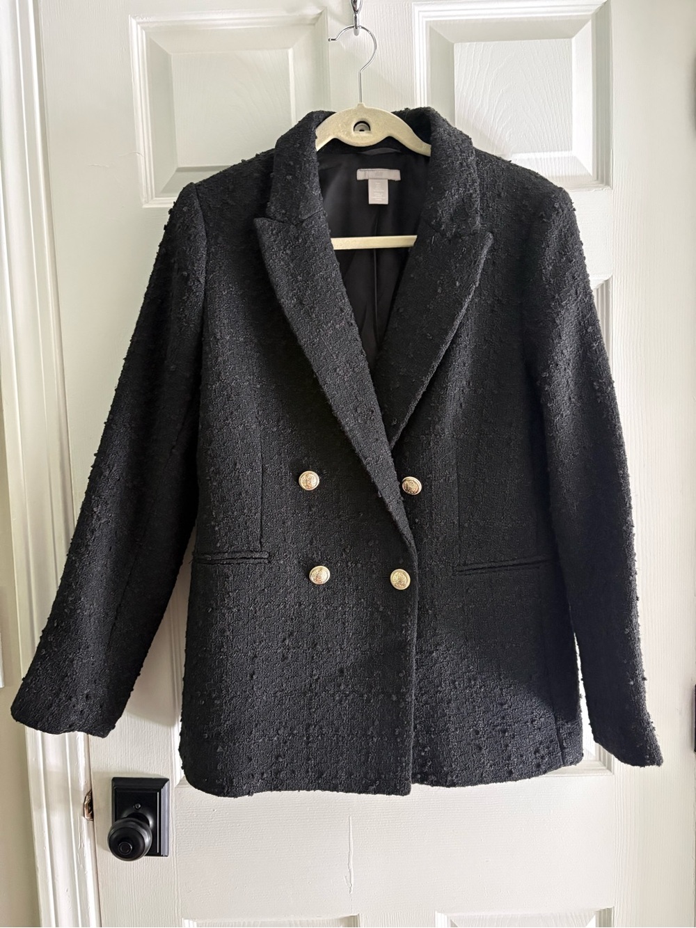 H&M Black Bouclé Double-Breasted Blazer with Gold Buttons